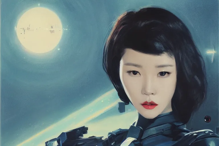 Image similar to Lee Jin-Eun by Vincent Di Fate, rule of thirds, seductive look, beautiful, in intergalactic hq