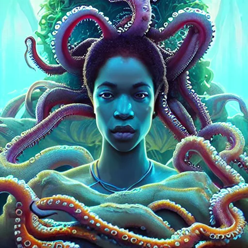 Prompt: symmetry! a detailed portrait of the goddess yemoja using symbiotic octopus technology, unreal engine, fantasy art by greg rutkowski, loish, rhads, ferdinand knab, makoto shinkai and lois van baarle, ilya kuvshinov, rossdraws, tom bagshaw, caustics!!, detailed and intricate environment