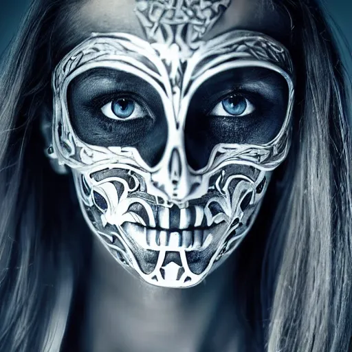 Image similar to A new dark hero for blockbuster movies. A beautiful woman wearing a silver skeletal mask, engraved with ancient detailed patterns. Attractive eyes. A fearless smile. Blurred background. Earrings.