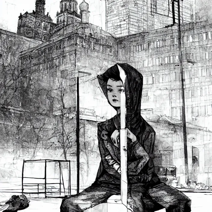 Image similar to storyboard : sadie sink in hoodie sits on bench in ruined square, pedestrians walk by, soviet monument and propaganda posters. scifi cyberpunk. by gabriel hardman. cinematic atmosphere, detailed and intricate, perfect anatomy