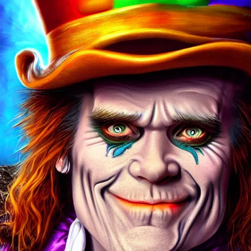 Image similar to Jim Carrey as mad hatter. epic game portrait. Highly detailed. D&D art by Michelangelo