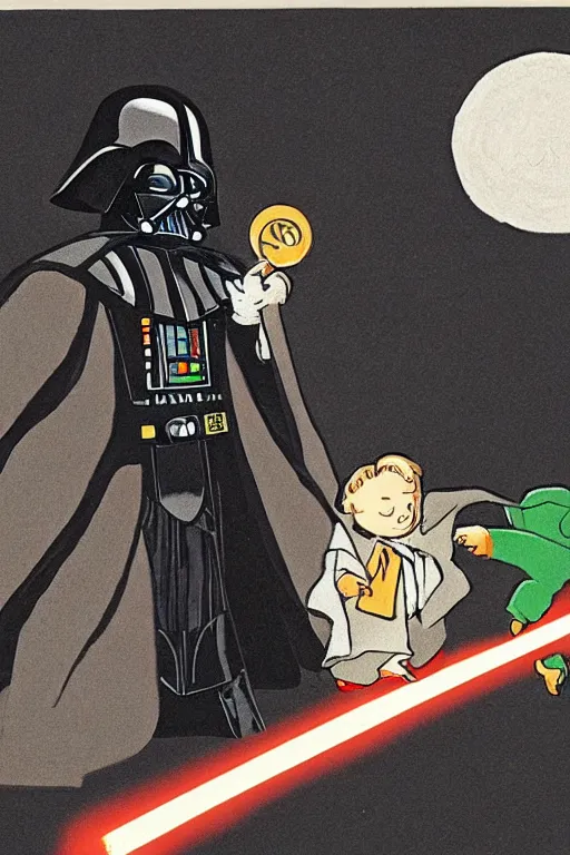 Image similar to an illustration of harry potter fighting darth vader of goodnight moon by margaret wise brown