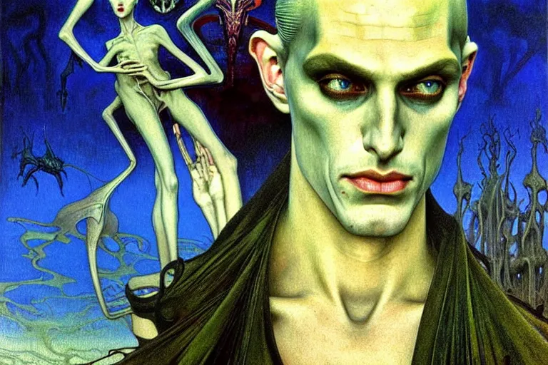 Image similar to realistic extremely detailed portrait painting of an elegantly creepy vampire man in cape, futuristic sci-fi landscape on background by Jean Delville, Amano, Yves Tanguy, Alphonse Mucha, Ernst Haeckel, Edward Robert Hughes, Roger Dean, rich moody colours, blue eyes