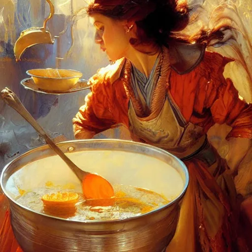 Image similar to stunning female master wizard cooking magical soup with a huge pot, highly detailed painting by gaston bussiere, craig mullins, j. c. leyendecker, 8 k