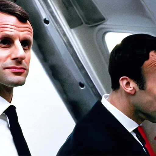 Prompt: Emmanuel Macron as a plane captain in American Psycho (1999)