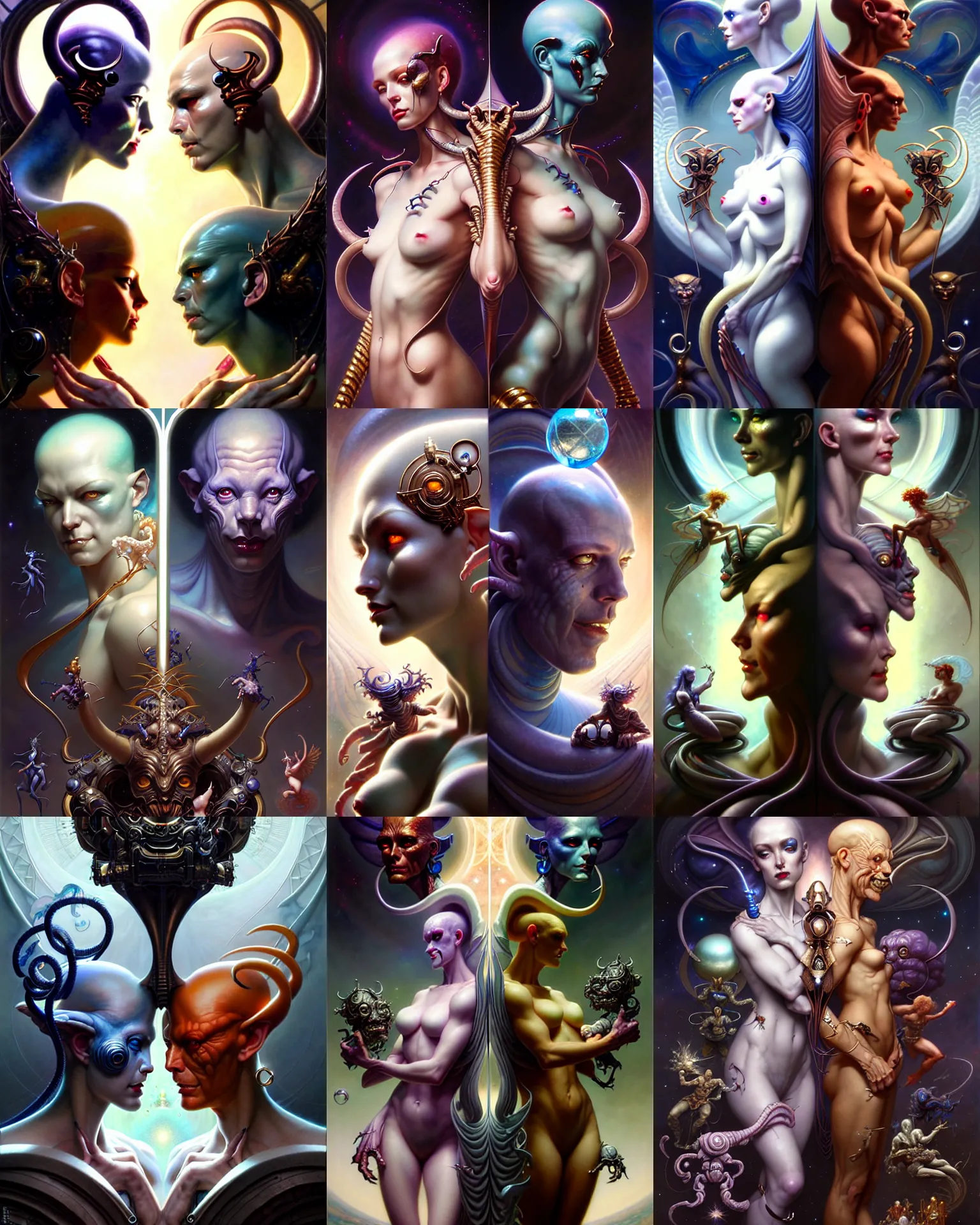 Image similar to beautiful gemini good and evil, happy and sad faces, fantasy character portrait, ultra realistic, wide angle, intricate details, the fifth element artifacts, highly detailed by peter mohrbacher, boris vallejo, hajime sorayama, wayne barlowe, aaron horkey, gaston bussiere, craig mullins