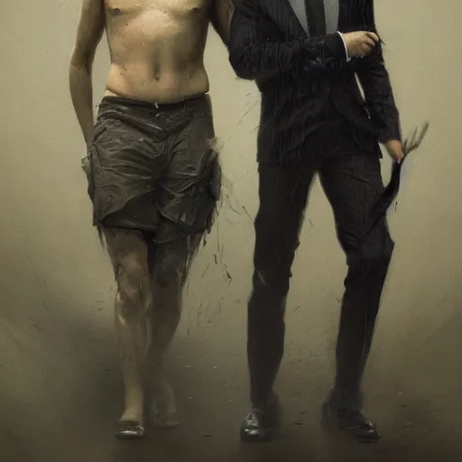 Image similar to painting of both john oliver and adam driver together, john oliver, adam driver, full body, elegant, beautiful, highly detailed, centered, dark, smokey, digital painting, concept art, smooth, sharp focus, illustration, deviant art, art by karol bak and peter mohrbacher