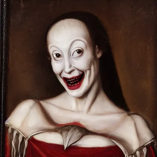 Prompt: an oil painting of an extremely ugly pale vampire woman smiling with skin condition in expensive renaissance dress, Renaissance painting, Renaissance Port City background, vampire teeth, 1450, holding paper fan