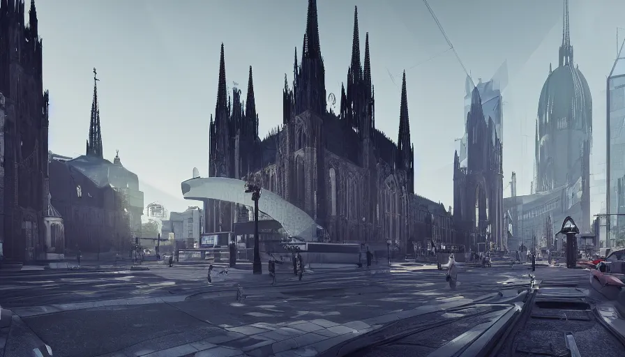 Prompt: futuristic neo - gothic berlin with church, train station, square, alley, highways, trees, day, volumetric light, hyperdetailed, artstation, cgsociety, 8 k