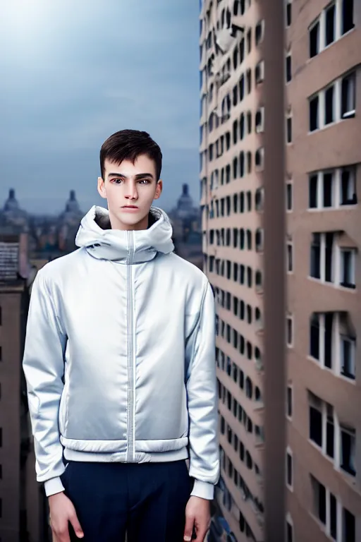 Image similar to un ultra high definition studio quality photographic art portrait of a young man standing on the rooftop of a british apartment building wearing soft padded silver pearlescent clothing. three point light. extremely detailed. golden ratio, ray tracing, volumetric light, shallow depth of field. set dressed.