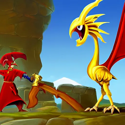 Image similar to screenshot of a humanoid gryphon bard with a red coat as an enemy in spyro the dragon video game concept art, playstation 1 era, activision blizzard, 4 k resolution concept art