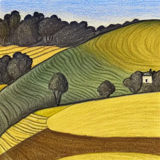 Prompt: This drawing captures the beauty of the countryside in all its simplicity. The rolling hills and fields are bathed in a warm, golden light, and the peaceful scene is punctuated by a few small houses and a winding road. The brushwork is loose and expressive, and the overall effect is one of serenity and calm. 1970s grainy vintage illustration, Mayan by Hiroshi Nagai, by Carlo Crivelli playful, improvisational