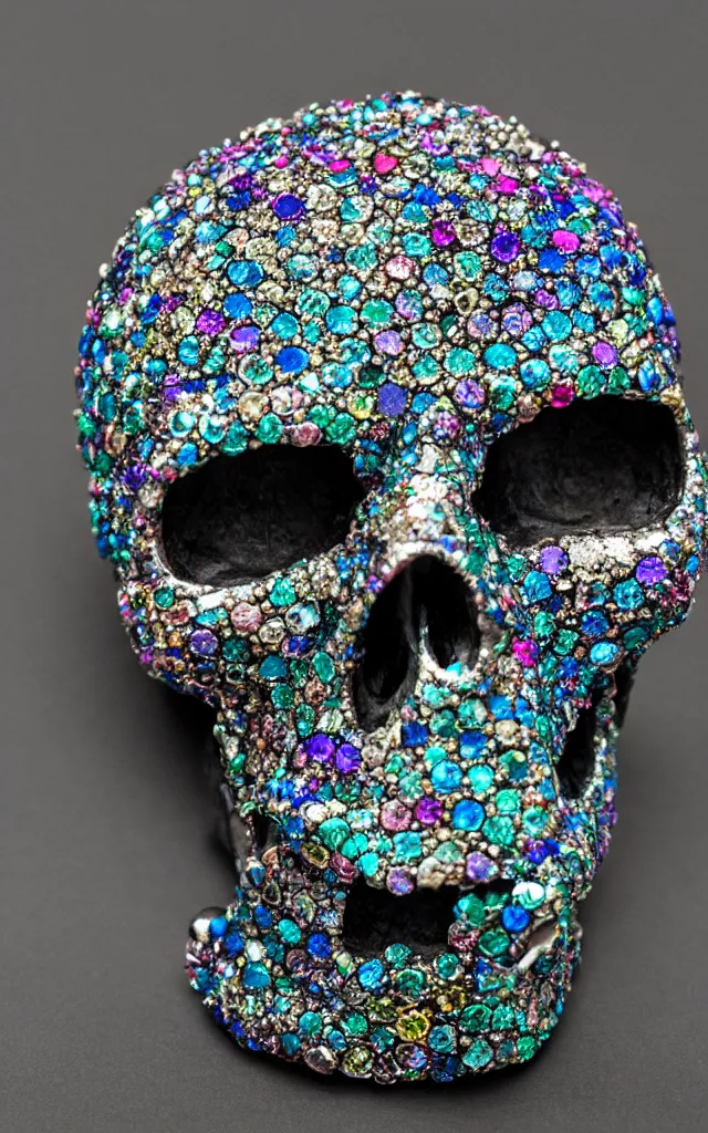 Prompt: jewelry skull made of prismatic crystals, dark background, studio shot