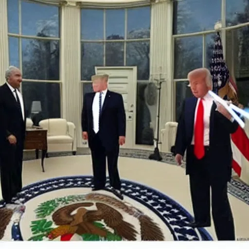 Image similar to photo of putin, trump, obama and bush having a lightsaber battle in the white house roof