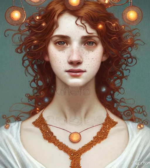 Image similar to portrait of teenage aphrodite, light freckles, curly copper colored hair, smiling kindly, wearing an embroidered white linen dress with lace neckline, intricate, elegant, mother of pearl jewelry, glowing lights, highly detailed, digital painting, artstation, concept art, smooth, sharp focus, illustration, art by wlop, mucha, artgerm, and greg rutkowski