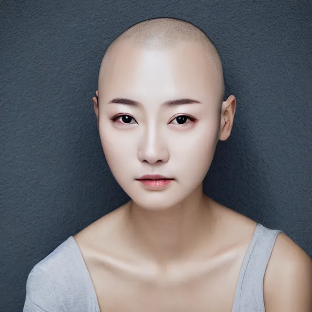 Image similar to photograph portrait bald korean japanese goddess of beauty neutral expression face straight on headshot even lighting no hair