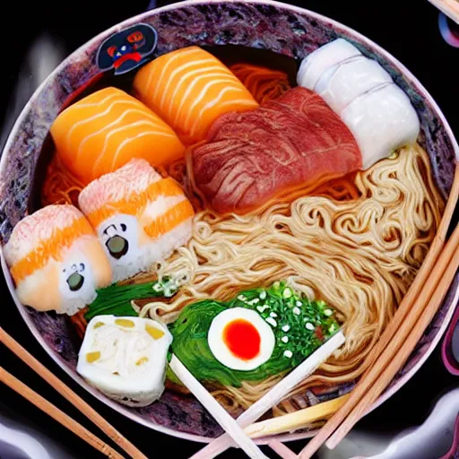 Image similar to hayao miyazaki studio ghibli ramen and sushi cooking anime