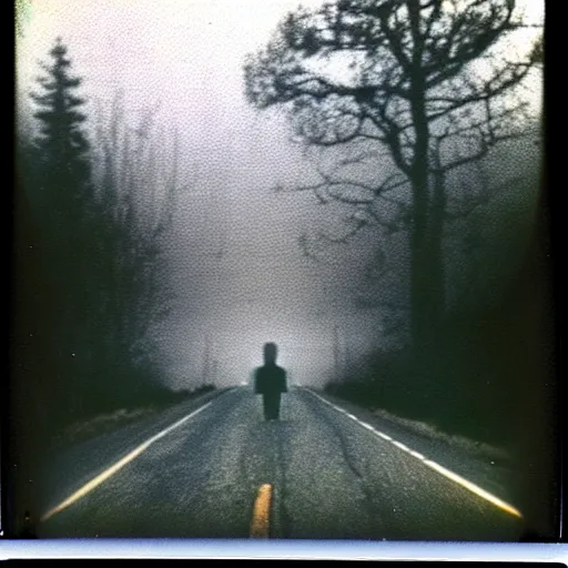 Prompt: 1 9 8 0's old polaroid of a pale white eldritch entity standing silently on the side of a misty road, photorealistic, grainy, camcorder, old film, low quality, horror, creepy, unsettling, liminal, strangely terrifying