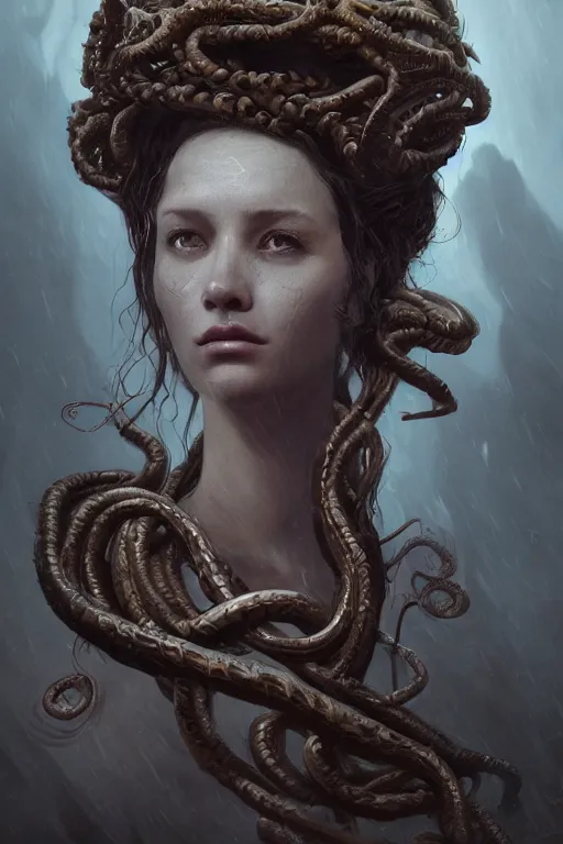 Image similar to A beuatiful portrait a horrific medusa by Greg Rutkowski, Sung Choi, Mitchell Mohrhauser, Maciej Kuciara, Johnson Ting, Maxim Verehin, Peter Konig, Bloodborne , 8k photorealistic, cinematic lighting, HD, high details, dramatic, atmospheric , trending on artstation