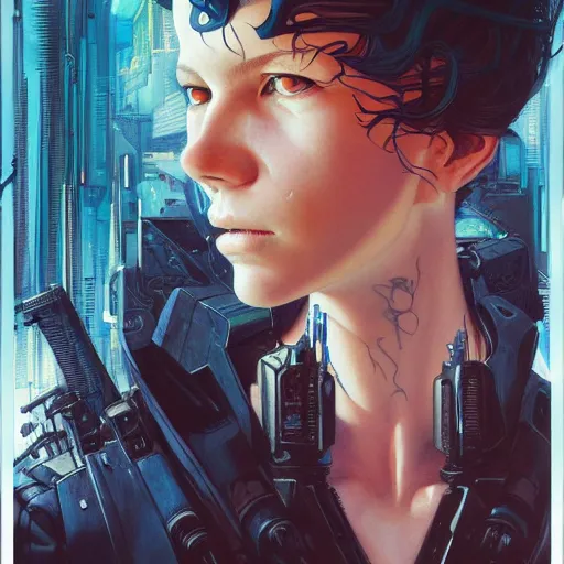 Image similar to apocaliptic cyberpunk portrait by gaston bussierre and charles vess and james jean and erik jones and rhads, inspired by ghost in the shell, beautiful fine face features, intricate high details, sharp, ultradetailed