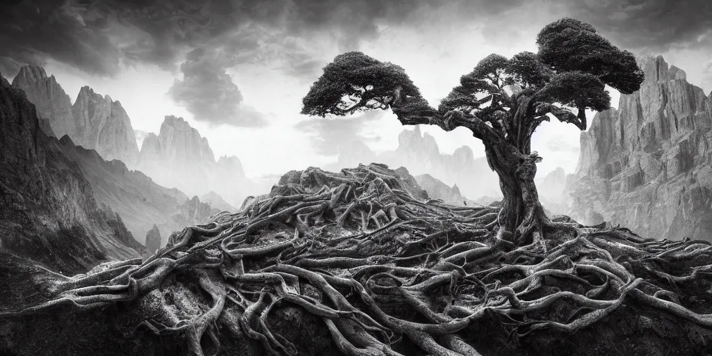 Image similar to ego perspective photography roots sprawling, climbing, forest, dolomites, alpine, detailed intricate insanely detailed octane render, 8k artistic 1920s photography, photorealistic, black and white, chiaroscuro, hd, by David Cronenberg, Raphael, Caravaggio