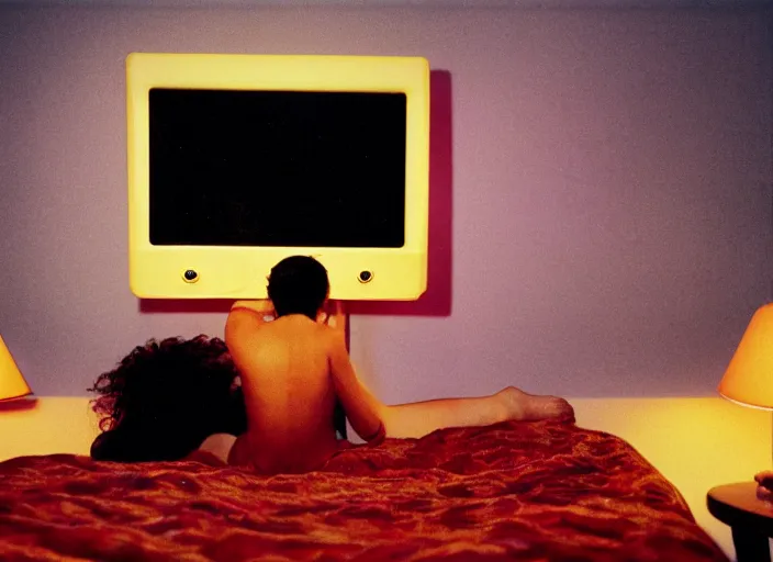 Prompt: 90's Professional Color Photography, Nikon, A girl watching television in her room at night. Summer