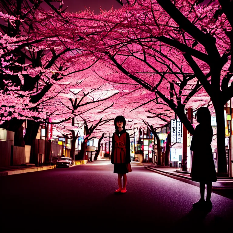 Prompt: a dramatic colorful fujifilm photograph of a young japanese girls silhouette standing in the middle of a tranquil desolate tokyo street lit with exposed edison bulbs and lined with blossoming ornamental cherry trees.