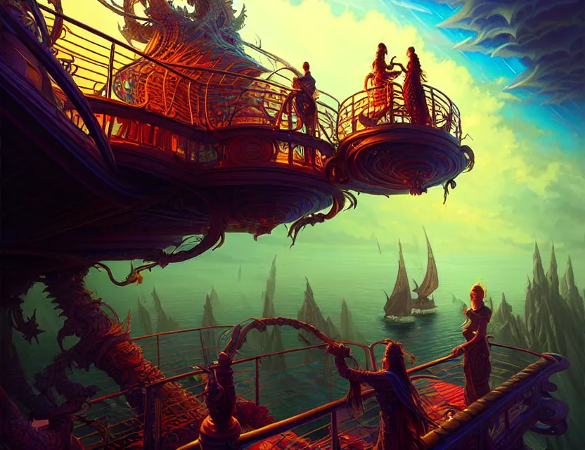 Image similar to standing upon the deck of the flying magical ship, d & d fantasy art, artstation contest winner, beautiful digital painting in the style of dan mumford, art by kev chan, volumetric lighting, intricate details, concept art, ultrarealistic, fantasypunk, deep colors, cgsociety, by art germ, by gerald brom, by peter mohrbacher