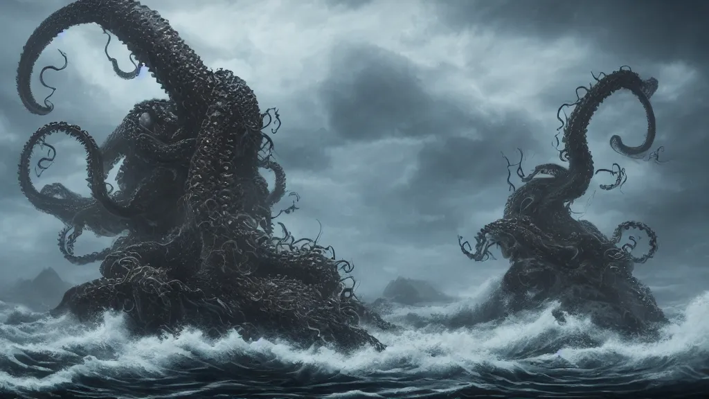 Prompt: A kraken rising out of a stormy sea, concept art, matte painting, 8k, highly detailed, artstation