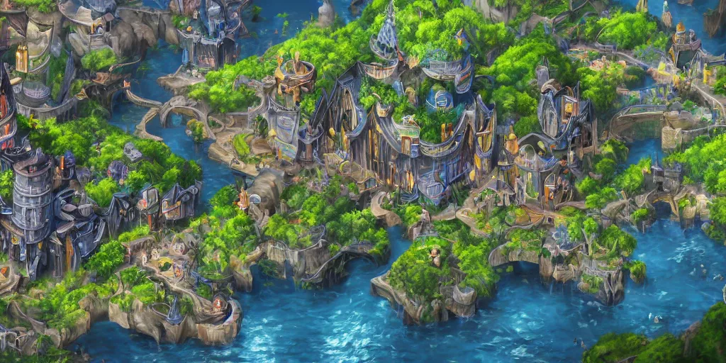 Prompt: beautiful and immersive magical town, magical buildings, bioluminescent forest surrounding, gentle rivers flowing through town, visual novel key visual, award - winning digital art on pixiv, trending on artstation - highly detailed, hyperrealistic, unreal engine 5, in the style of kingdom hearts