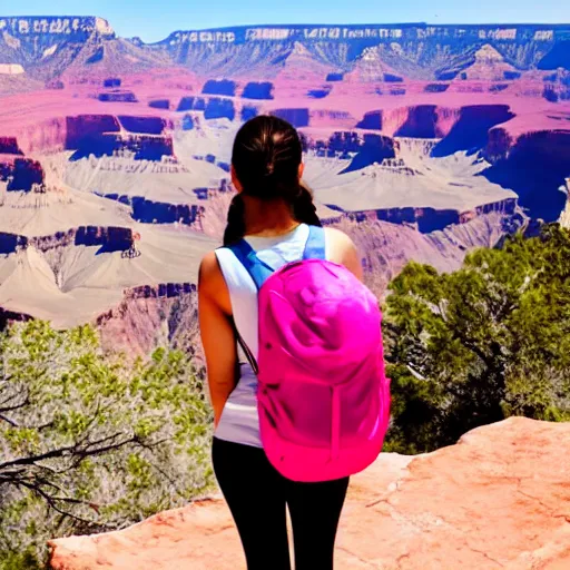 Prompt: a young woman with long pink hair looking at grand canyon, hiking clothes, tank top, backpack, arizona, grand canyon in background, cinematic, beautiful, stunning, morning, epic, 8 k