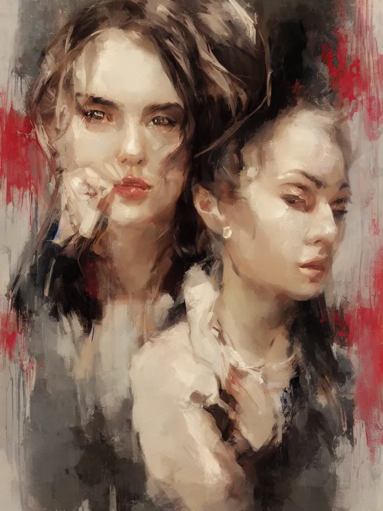 Image similar to spontaneous unfinished romantic portrait, beautiful juicy brush strokes, alla prima, realist, by richard schmid and sargent, trending on cgsociety, red