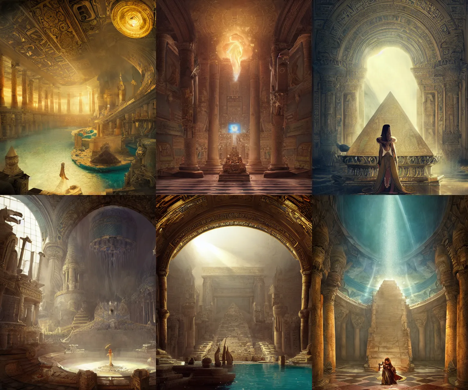 Prompt: fantasy movie scene andreas rocha and canaletto and mucha detailed digital art of ornate and royal egyptian antechamber tomb, cleopatra in a circular pool with an erupting galaxy, epic atmosphere, sharp sunray lighting, cinematic lighting, fine details, 4 k, unreal engine, hyperrealism, cinematic composition, blender render, realistic, detailed textures, very wide shot