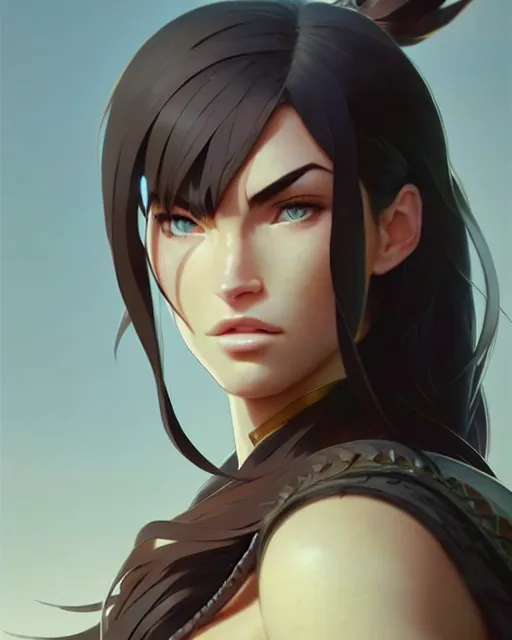 Image similar to azctec warrior, megan fox, detailed perfect face, exquisite details, fire magic, mid view, design on a white background, by studio muti, greg rutkowski makoto shinkai takashi takeuchi studio ghibli