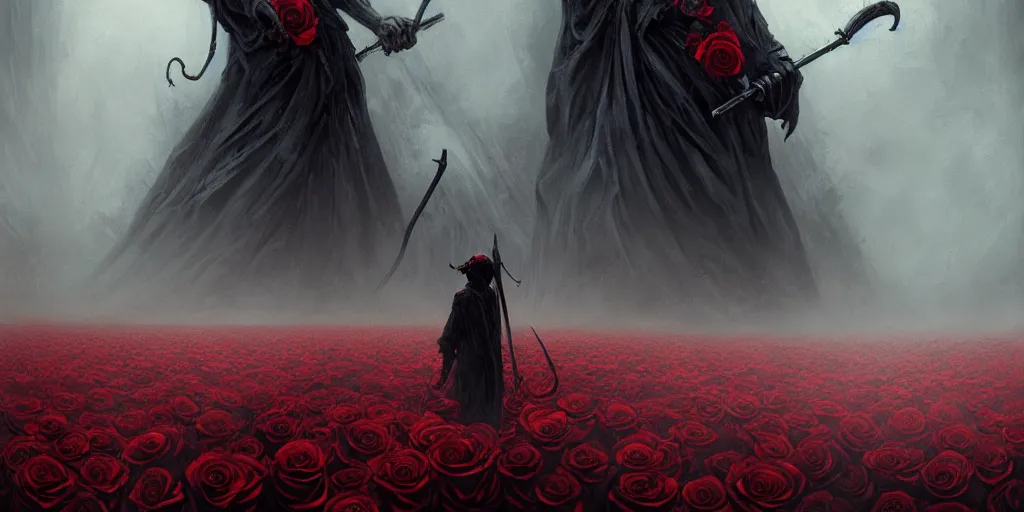 Image similar to poster style, a beautiful and terrifying painting with high details of a panoramic view of a reaper holding a long sickle, with red fluid white roses in the foreground, movie atmosphere, movie lights, 8 k, light effect, rtx on, trending on artstation, by kilian eng, lee madgwick, bastien lecouffe - deharme