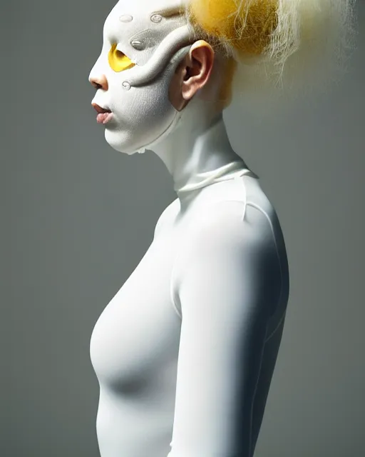 Image similar to portrait of a woman wearing a white embroidered translucent silicone mask and white yellow frizzy hair buns, wearing a black bodysuit by alexander mcqueen, cream white background, soft diffused light, biotechnology, humanoide robot, bjork aesthetic, translucent, by rineke dijkstra, intricate details, highly detailed, masterpiece,