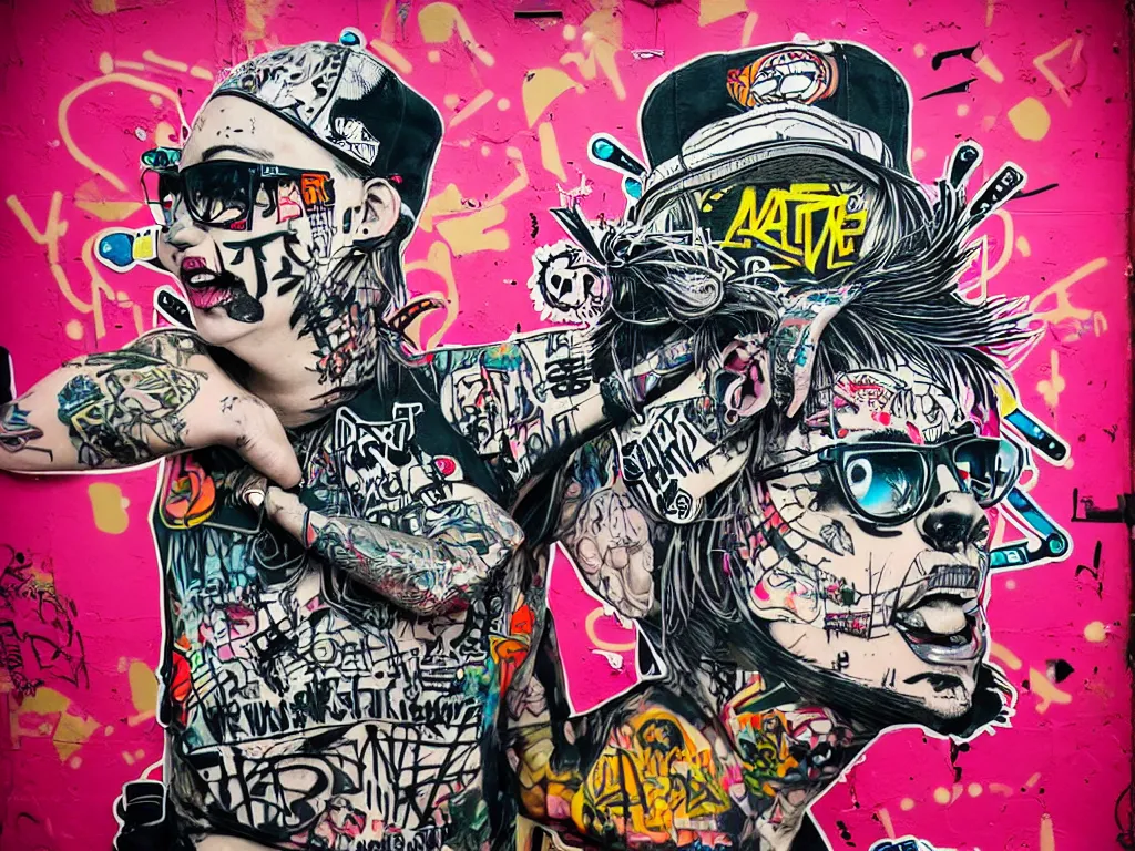 Image similar to a multilayered mixed media street art on paper bursting with nostalgic pop culture and hiphop references, punk and graffiti symbols and tattoo designs, sharp details and in focus, high resolution, flat evenly lit background, art by stikki peaches