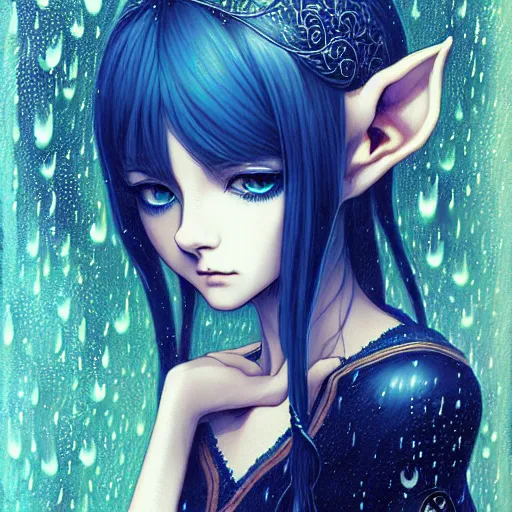 Prompt: highly detailed portrait of an elven fairy, in the rain, highly detailed, painting, dark blue and black color palette, intricate, high quality anime artstyle, in the style of ilya kuvshinov