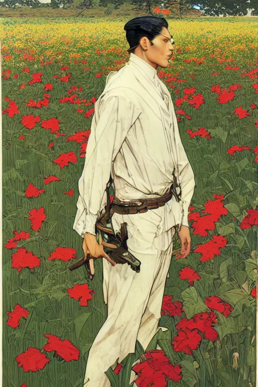 Prompt: attractive young thug in flower field, painting by j. c. leyendecker, yoji shinkawa, katayama bokuyo