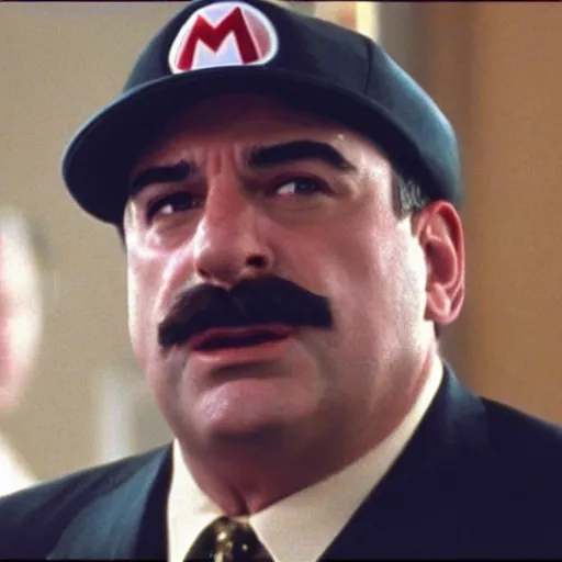 Prompt: mario in an episode of the sopranos ( 1 9 9 9 ), 4 k, cinematic, hbo, screencap, realistic, the sopranos, film footage. he looks very shocked