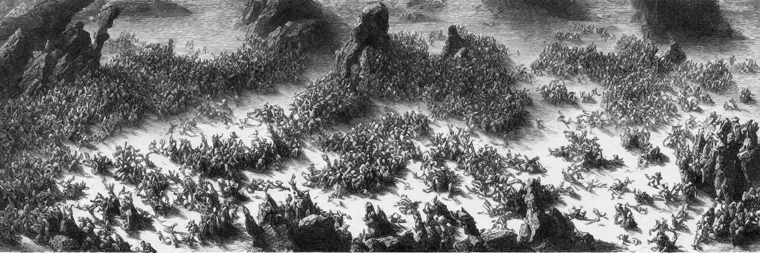 Image similar to aerial view, the biblical crossing of the red sea, Gustave Dore lithography