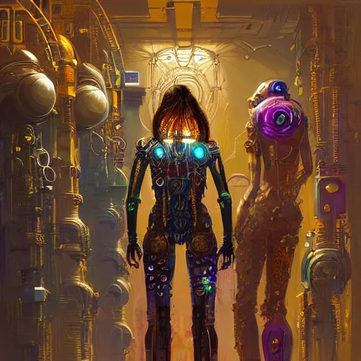 Image similar to group of people in an elevator, side view, full body, normal legs, scene with extremely large and intricate cyberpunk bionics with angry orange eyes, retro futurist style, intricate, elegant gleaming intricate baroque jewellery, colorful, vivid, imposing, epic, digital painting, artstation, concept art, by peter mohrbacher and wlop and rhads,