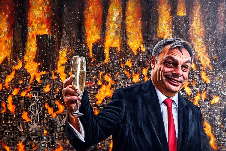 Image similar to viktor orban drinking champagne and cheering at the apocalyse in front a burning city, highly detailed eyes, oil on canvas