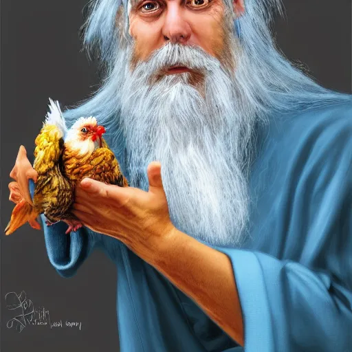 Prompt: a portrait of a wizard holding his pet chicken in his hands by Tony Sart, confused facial expression, blue robe, long white beard, frizzy hair, crazy hair, messy hair, ArtStation, realistic, detailed