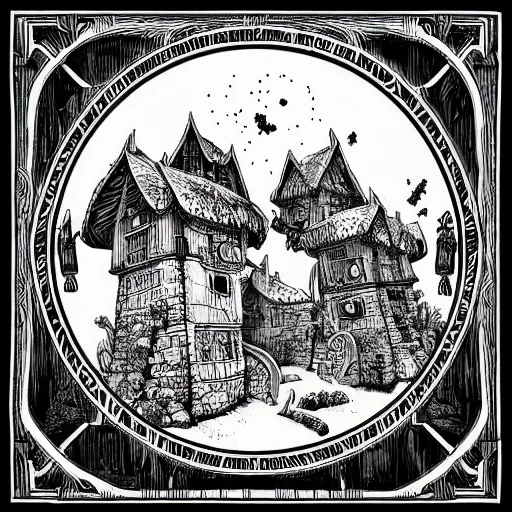 Image similar to square sticker of a hobbit palace, by joe fenton and mike mignola, white background, masterpiece, b & w