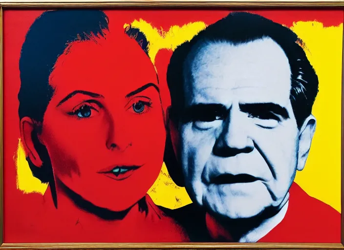 Image similar to Morena Baccarin and Richard Nixon doing Heroin by Andy Warhol, oil on Canvas, fine details, 4K Studio photo