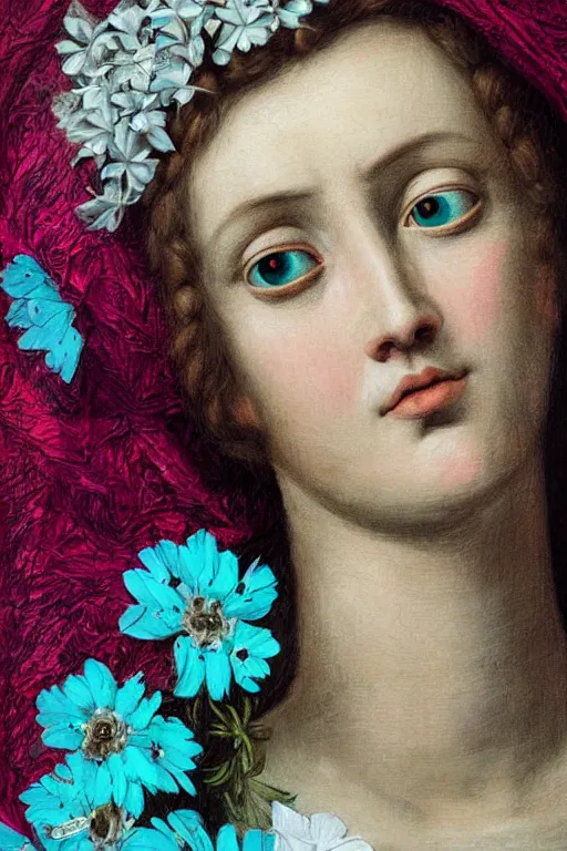 Prompt: hyperrealism close - up mythological portrait of an exquisite medieval woman's shattered face partially made of turquoise flowers in style of classicism, wearing white dress, bright palette