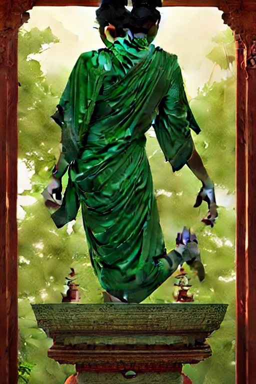 Image similar to buddhism, temple, green clothes, painting by greg rutkowski, j. c. leyendecker, artgerm