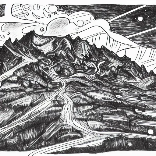 Image similar to 🌌⛰🏚, black and white comic, pencil illustration