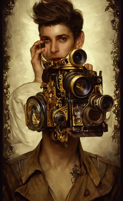 Image similar to hyper realistic male photographer looking through a vintage steampunk medium format camera, design on white background, beautiful details, lush foliage cyberpunk, gold, drawn by john singer sargent, tom bagshaw, norman rockwell, alphonso mucha, lolish, trending on artstation